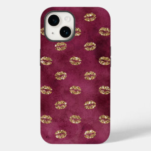 Burgundy Gold Glitter Kisses Lips Case-Mate iPhone 14 Case