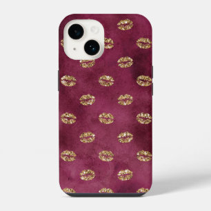 Burgundy Gold Glitter Kisses Lips iPhone 14 Case