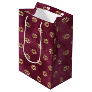 Burgundy Gold Glitter Kisses Lips     Medium Gift Bag