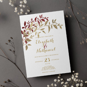 Burgundy gold glitter leaves floral white wedding invitation