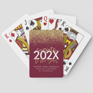 burgundy gold glitter modern script graduation playing cards