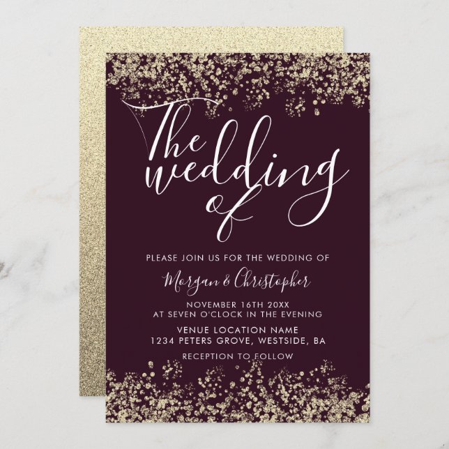 Burgundy & Gold Glitter Modern Wedding Invitation (Front/Back)