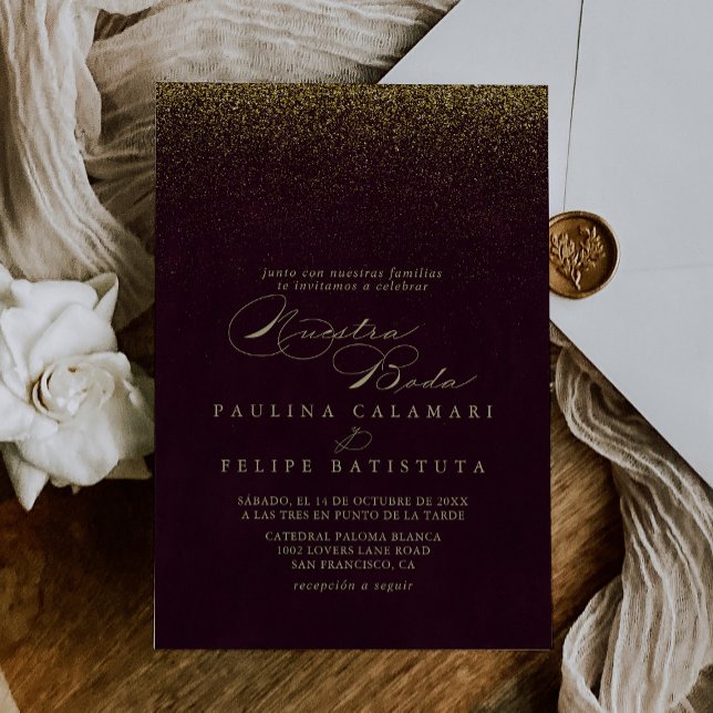 Burgundy Gold Glitter Nuestra Boda Wedding   Invitation (Creator Uploaded)