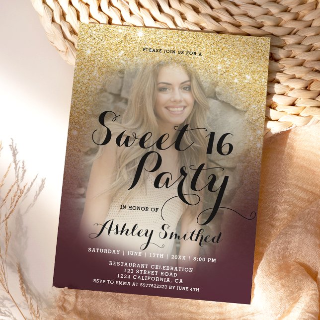 Burgundy gold glitter ombre fancy photo Sweet 16 Invitation (Creator Uploaded)