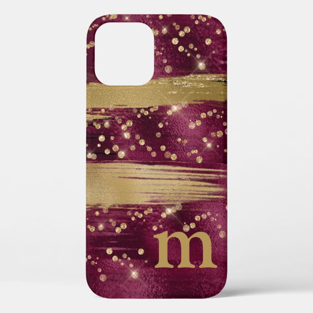 Burgundy Gold Glitter Script Monogrammed Case-Mate iPhone Case (Back)