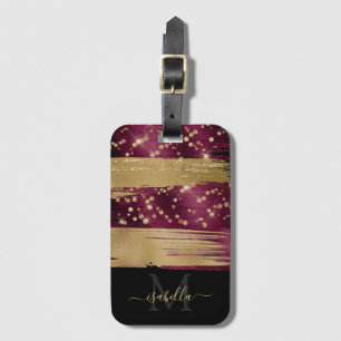 Burgundy Gold Glitter Script Monogrammed Luggage Tag