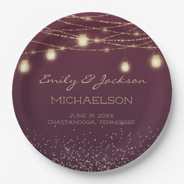 Burgundy Gold Glitter String Light Lantern Wedding Paper Plate (Front)