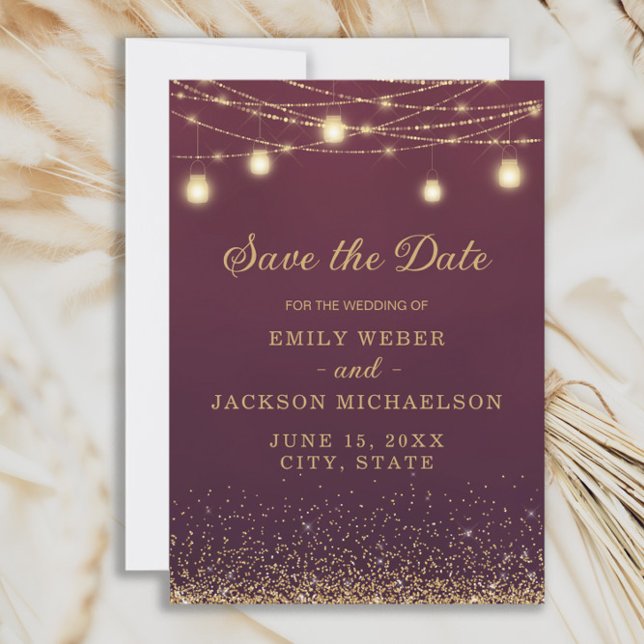 Burgundy Gold Glitter String Light Save Date Save  Save The Date (Elegant burgundy wedding Save the Date with gold glitter and string lights.)