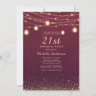 Burgundy Gold Glitter String Lights Formal 21st Invitation
