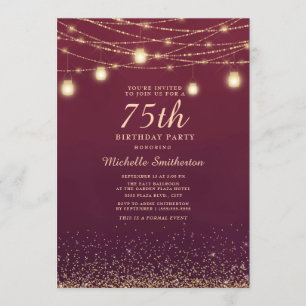 Burgundy Gold Glitter String Lights Formal 75th Invitation