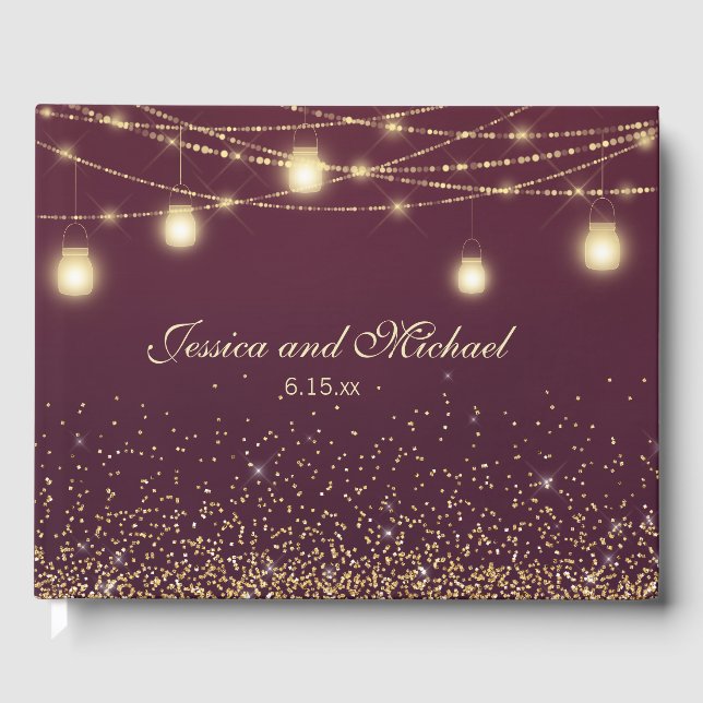 Burgundy Gold Glitter String Lights Wedding Guest Book (Front)