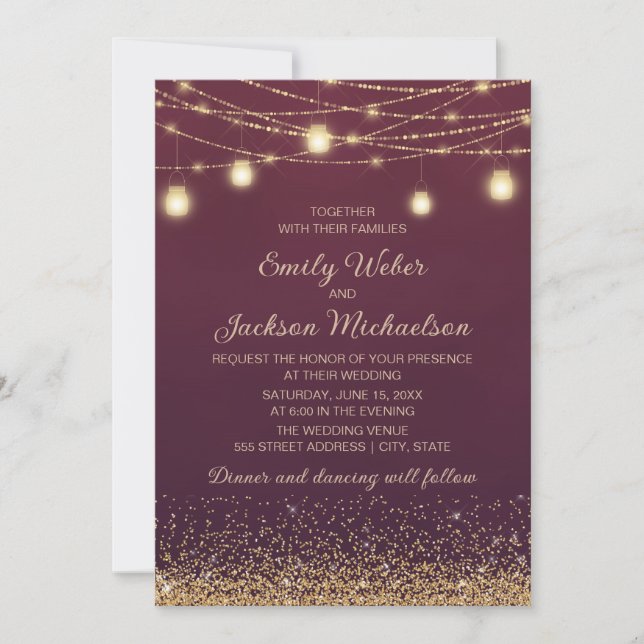 Burgundy Gold Glitter String Lights Wedding Invitation (Front)