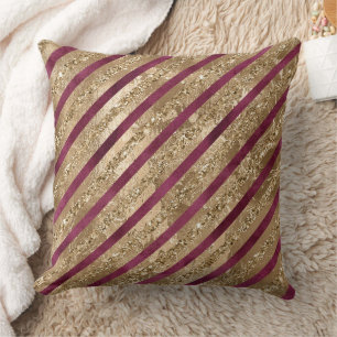 Burgundy Gold Glitter Stripes  Cushion