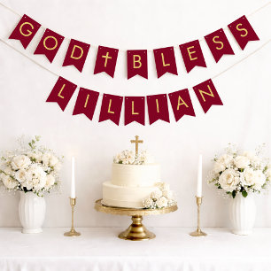 Burgundy Gold God Bless 7 Letter Baptism Communion Bunting
