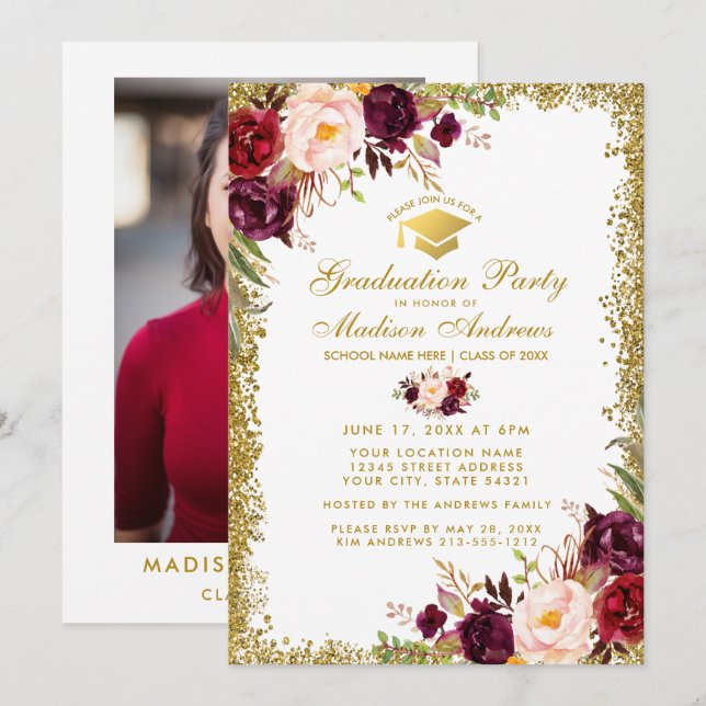 Burgundy Gold Grad Party Invite - Photo Back G (Front/Back)