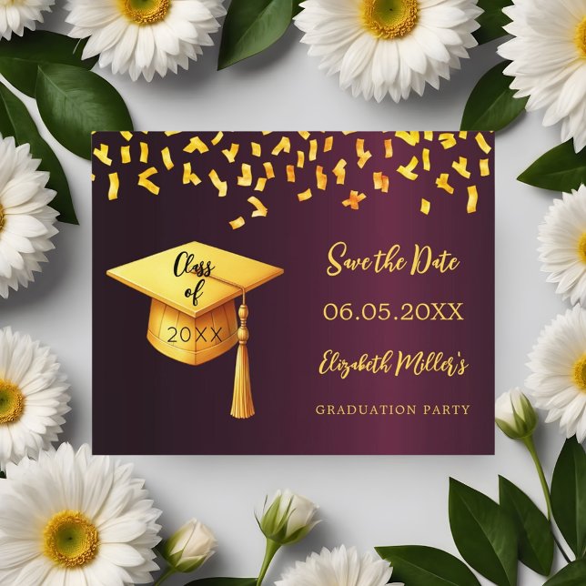 Burgundy gold Graduation Party Save the Date card (Creator Uploaded)