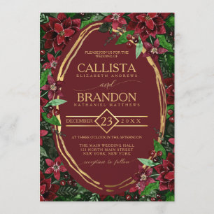 Burgundy Gold Green Poinsettia Ivy Floral Wedding Invitation