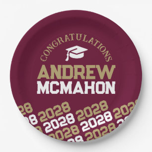Burgundy & Gold Half Repeat Grad Personalised Paper Plate