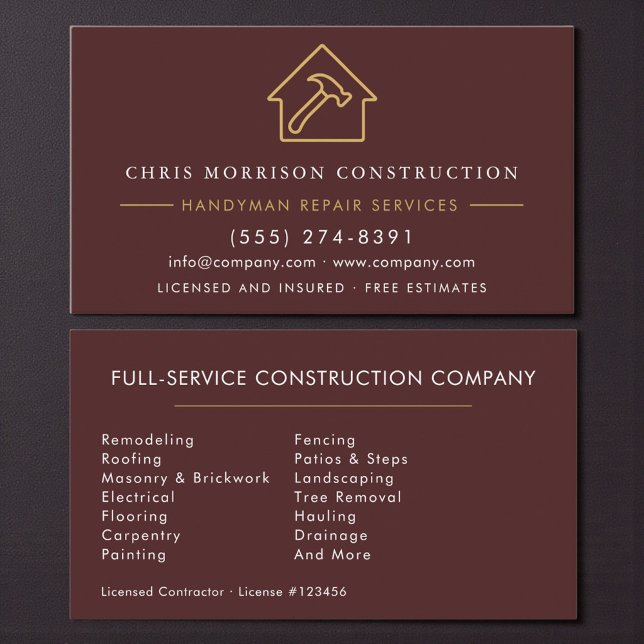Burgundy Gold Handyman Construction  Business Card (Creator Uploaded)