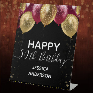 Burgundy Gold Happy 50th Birthday Pedestal Sign