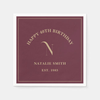 Burgundy Gold Happy Birthday Monogram Initial Napkin