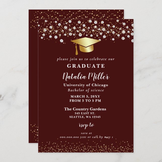 Burgundy Gold Hat Glitter Rhinestone Graduation Invitation (Front/Back)