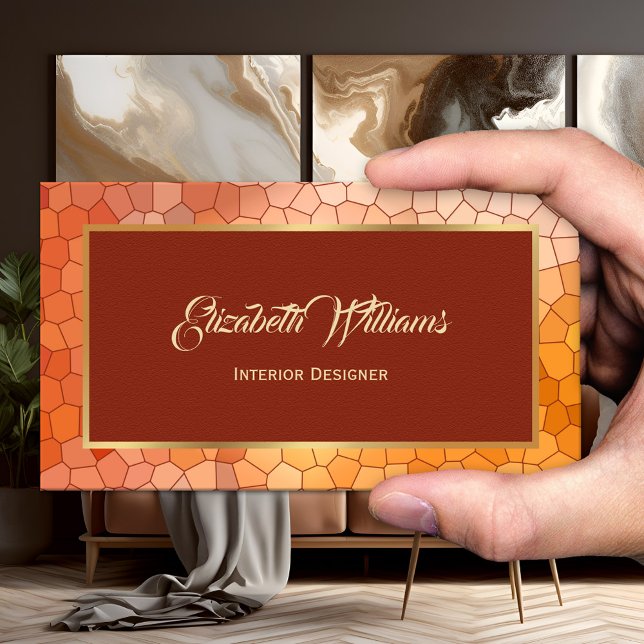 Burgundy Gold Interior Designer Business Card (Business card showing a stained glass design with burgundy, terra cotta and gold - interior designer)
