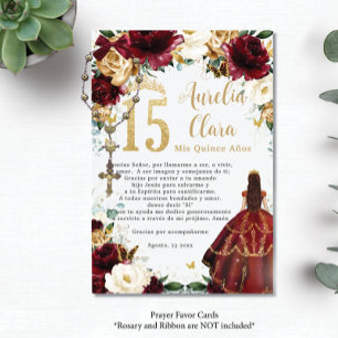 Burgundy Gold Ivory Floral Quinceañera Prayer Card