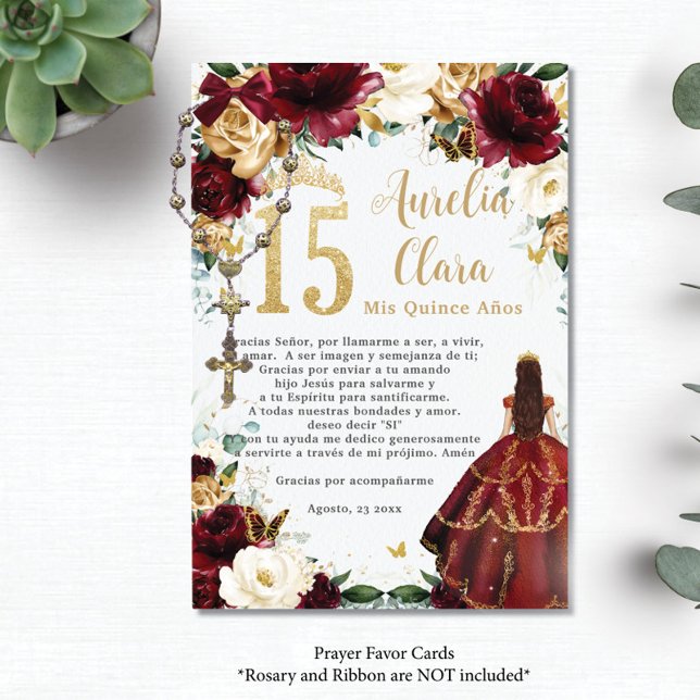 Burgundy Gold Ivory Floral Quinceañera Prayer Card (Creator Uploaded)