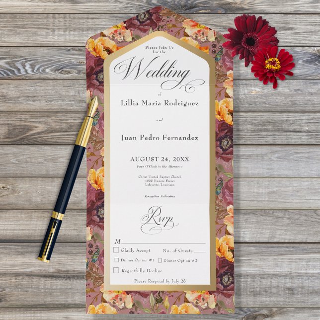 Burgundy & Gold Jewel Floral Gold Frame Dinner All In One Invitation (Creator Uploaded)