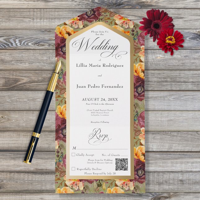 Burgundy & Gold Jewel Floral Green QR Code All In One Invitation (Creator Uploaded)