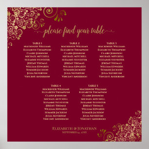 Burgundy & Gold Lace Elegant 5 Table Seating Chart