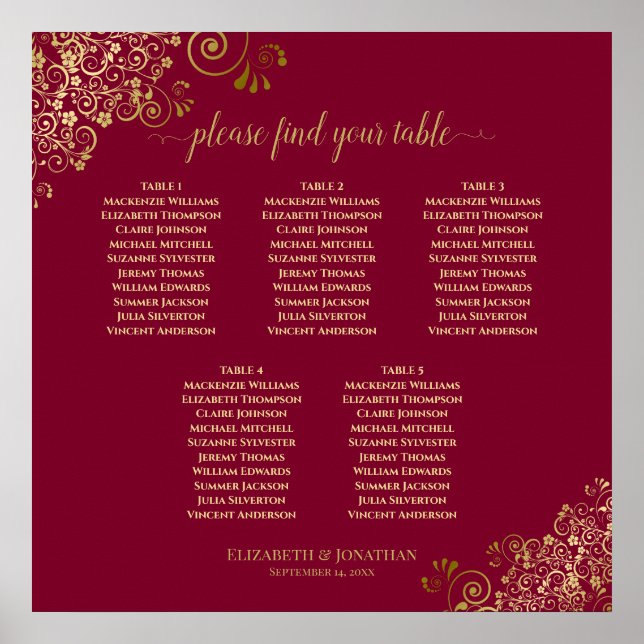 Burgundy & Gold Lace Elegant 5 Table Seating Chart (Front)