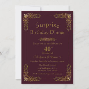 Burgundy Gold Lace Surprise 40th Birthday Dinner Invitation