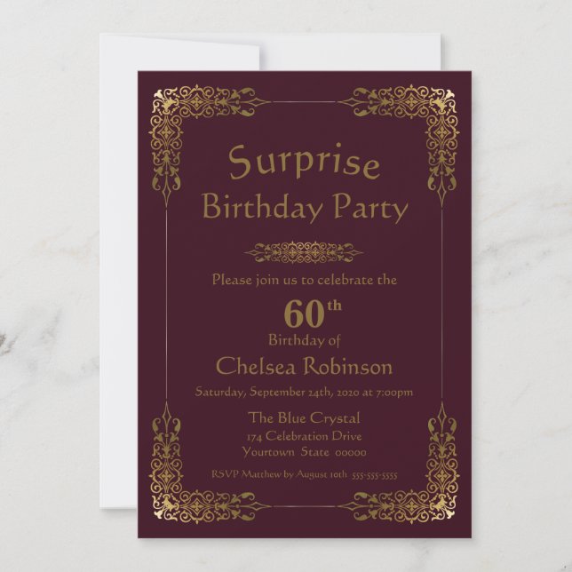 Burgundy Gold Lace Surprise 60th Birthday Party Invitation (Front)