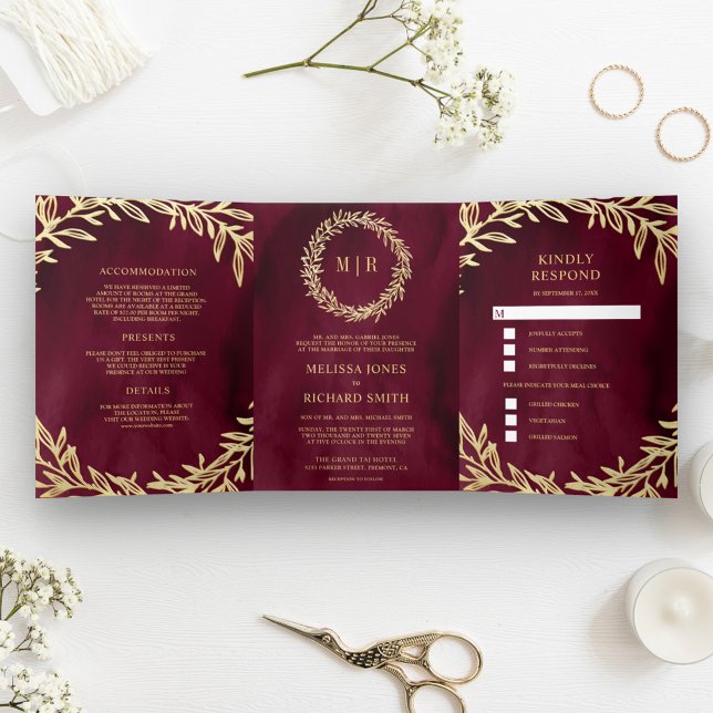 Burgundy Gold Leaf Branch All in One Wedding Tri-Fold Invitation (Creator Uploaded)