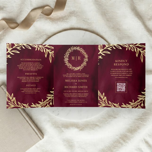 Burgundy Gold Leaf Branch QR Code Wedding Tri-Fold Invitation (Creator Uploaded)