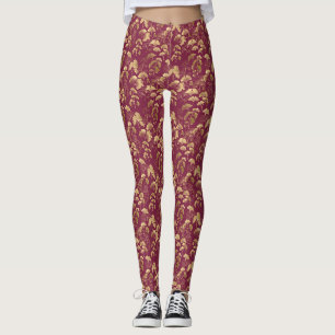 Burgundy Gold Leaf Pattern Leggings