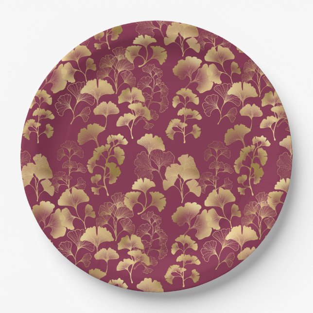 Burgundy Gold Leaf Pattern Paper Plate (Front)