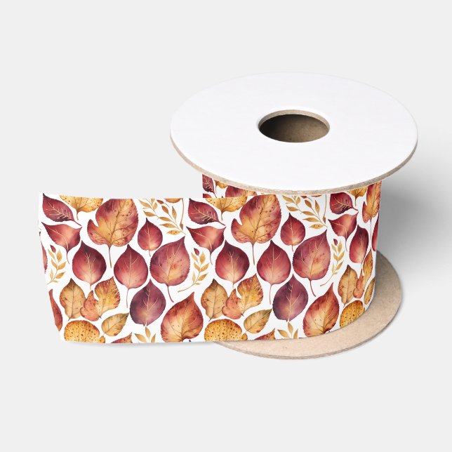 Burgundy & Gold Leaf Pattern Satin Ribbon (Spool)