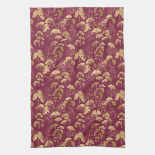 Burgundy Gold Leaf Pattern Tea Towel