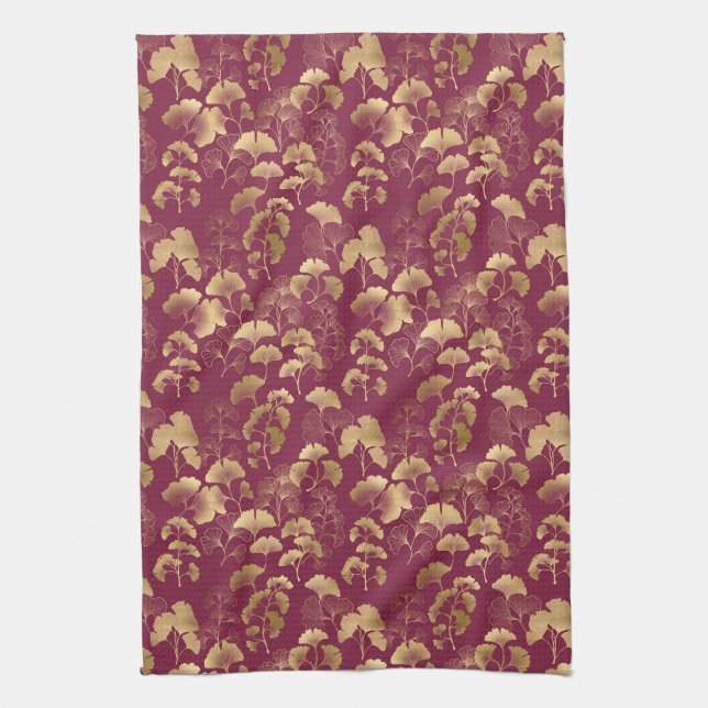 Burgundy Gold Leaf Pattern Tea Towel (Vertical)