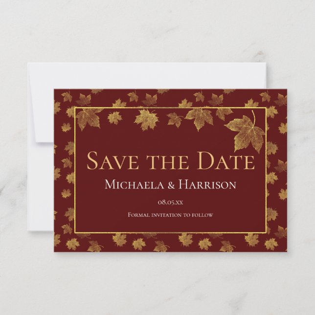 Burgundy & Gold Leaf Save the Date Card (Front)