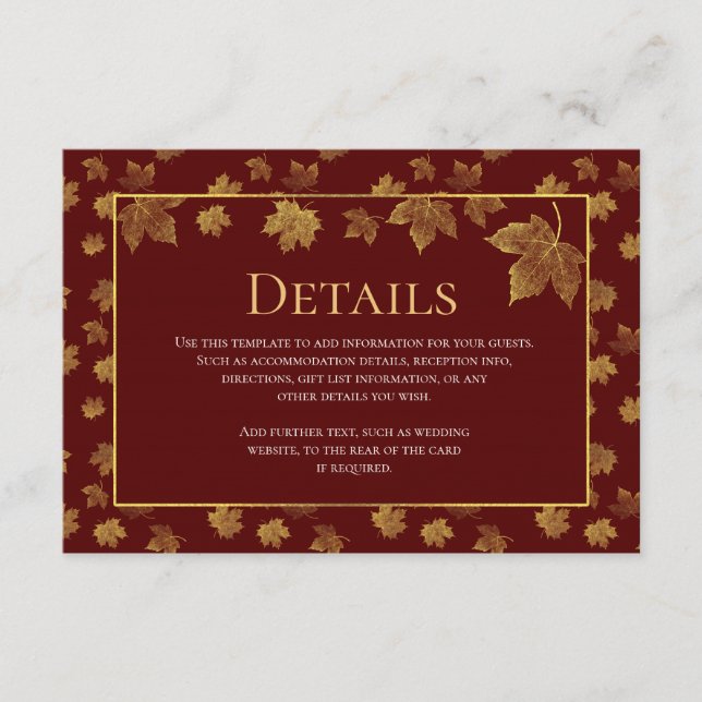 Burgundy & Gold Leaf Wedding Details Card (Front)