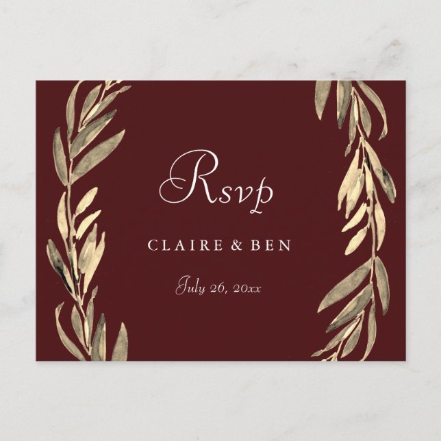 Burgundy Gold Leaf Wreath Wedding RSVP Postcard (Front)