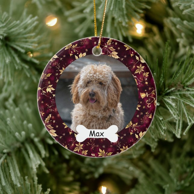 Burgundy Gold Leaves Custom Pet Puppy Dog Photo Ceramic Ornament (Tree)