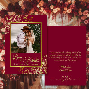 Burgundy & Gold Love & Thanks Photo & Note Wedding Thank You Card