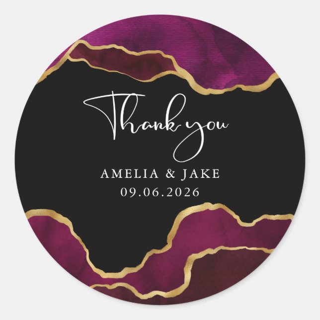 Burgundy Gold Magenta Agate Wedding Thank You Classic Round Sticker (Front)