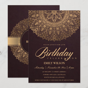 BURGUNDY GOLD MANDALA ANY YEAR 40TH BIRTHDAY PARTY INVITATION
