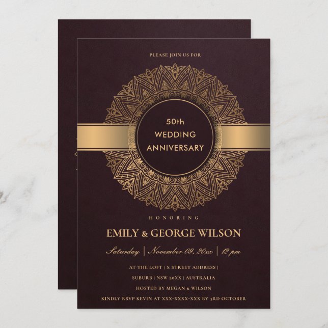 BURGUNDY GOLD MANDALA ANY YEAR 50TH ANNIVERSARY INVITATION (Front/Back)